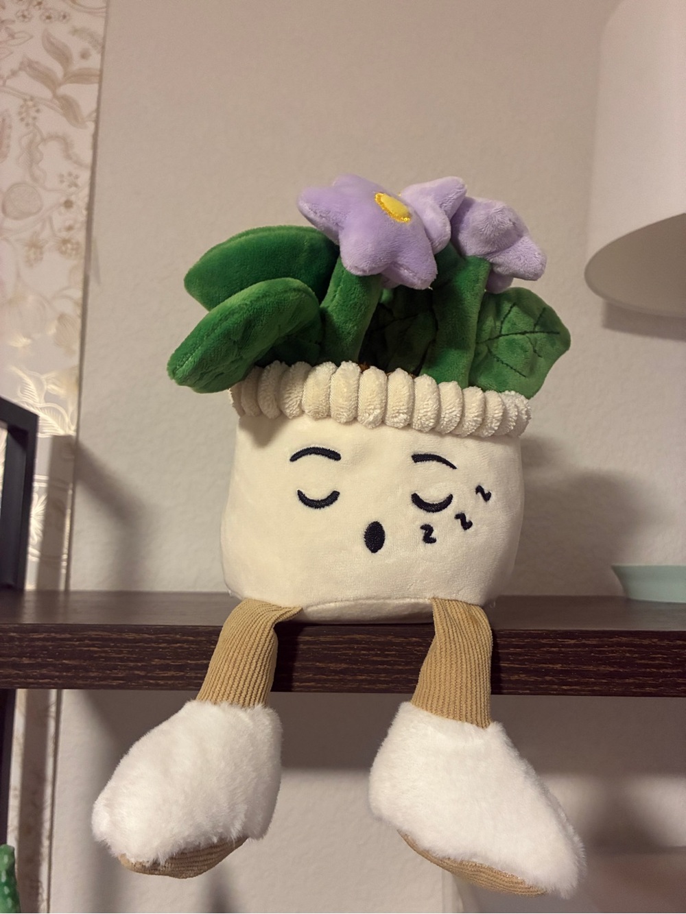 Cute Plush Potted Flower Plant Shelf Sitter Purple Flowers Dangling Legs